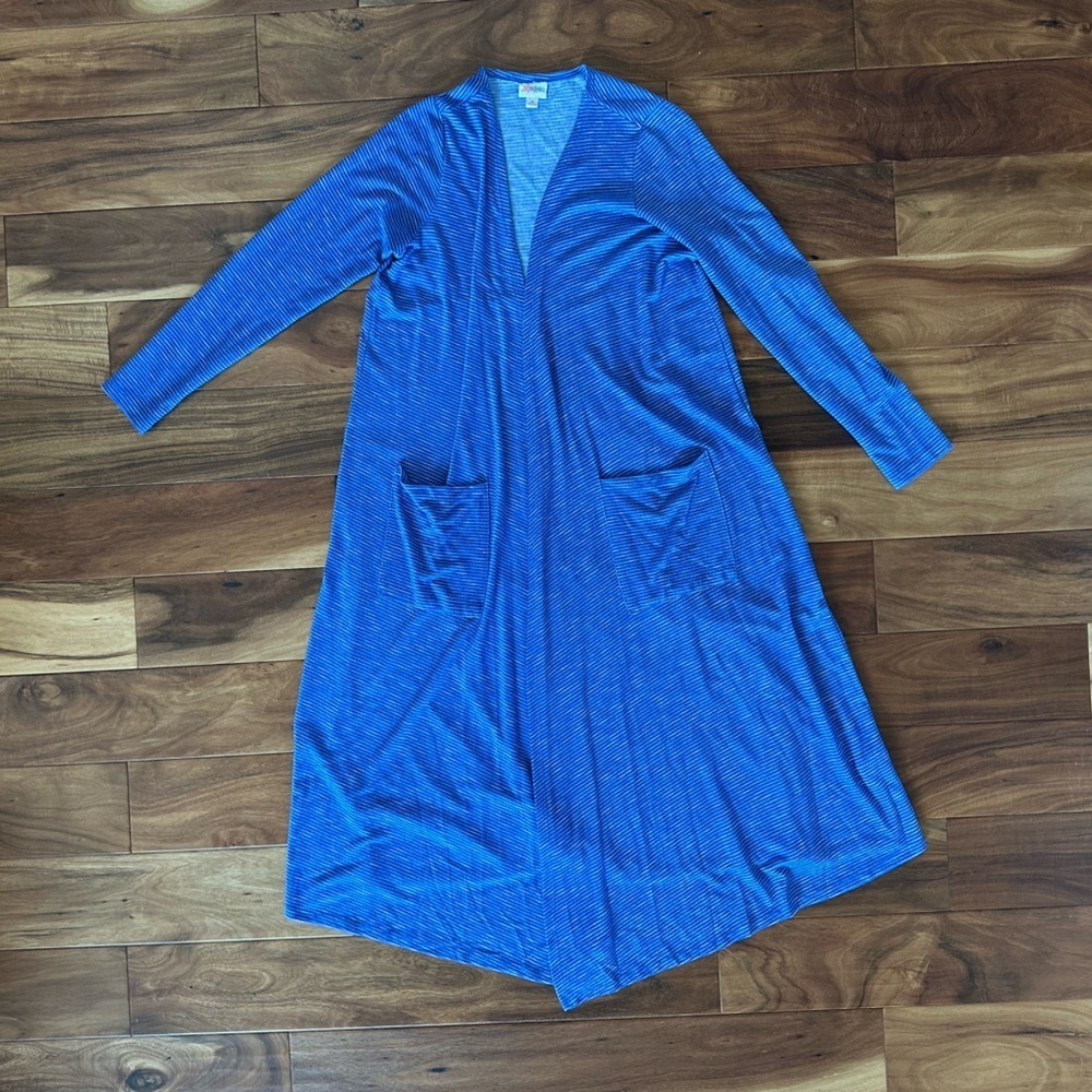 LuLaRoe Blue and White Sarah Long Cardigan size Medium